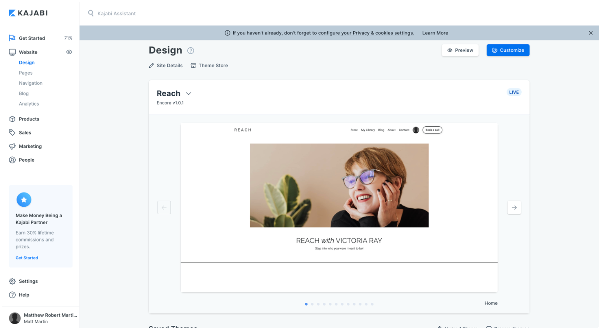 Kajabi — new Design page with live theme preview and one-click Customize