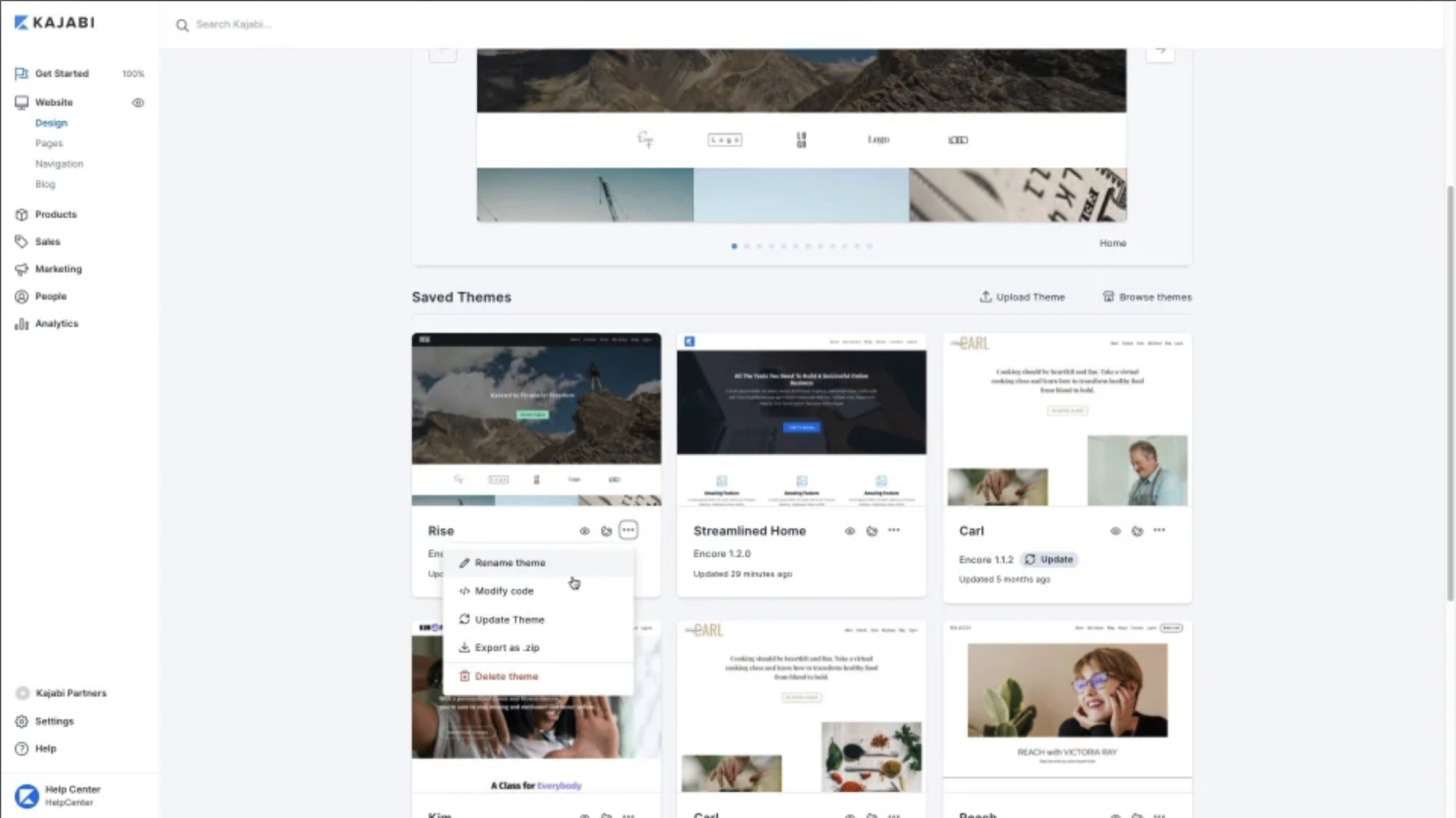 Kajabi — old theme management with Update Theme buried inside a context menu