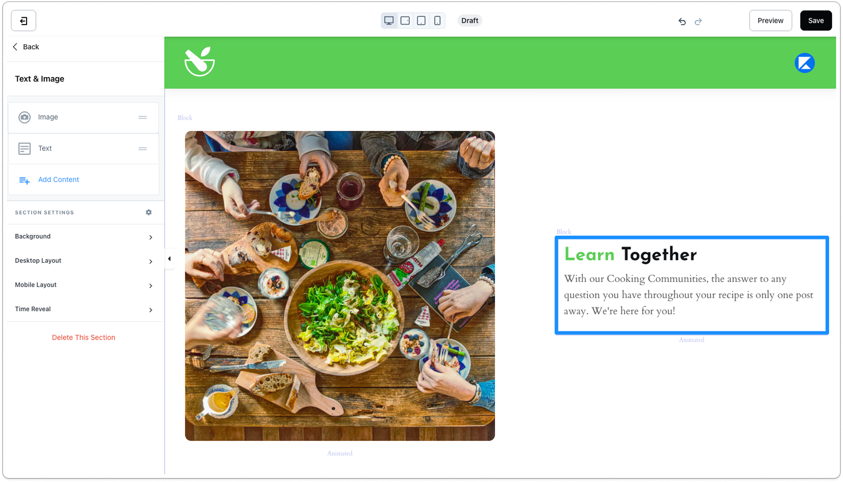 Kajabi — website builder section editor with content blocks and layout controls