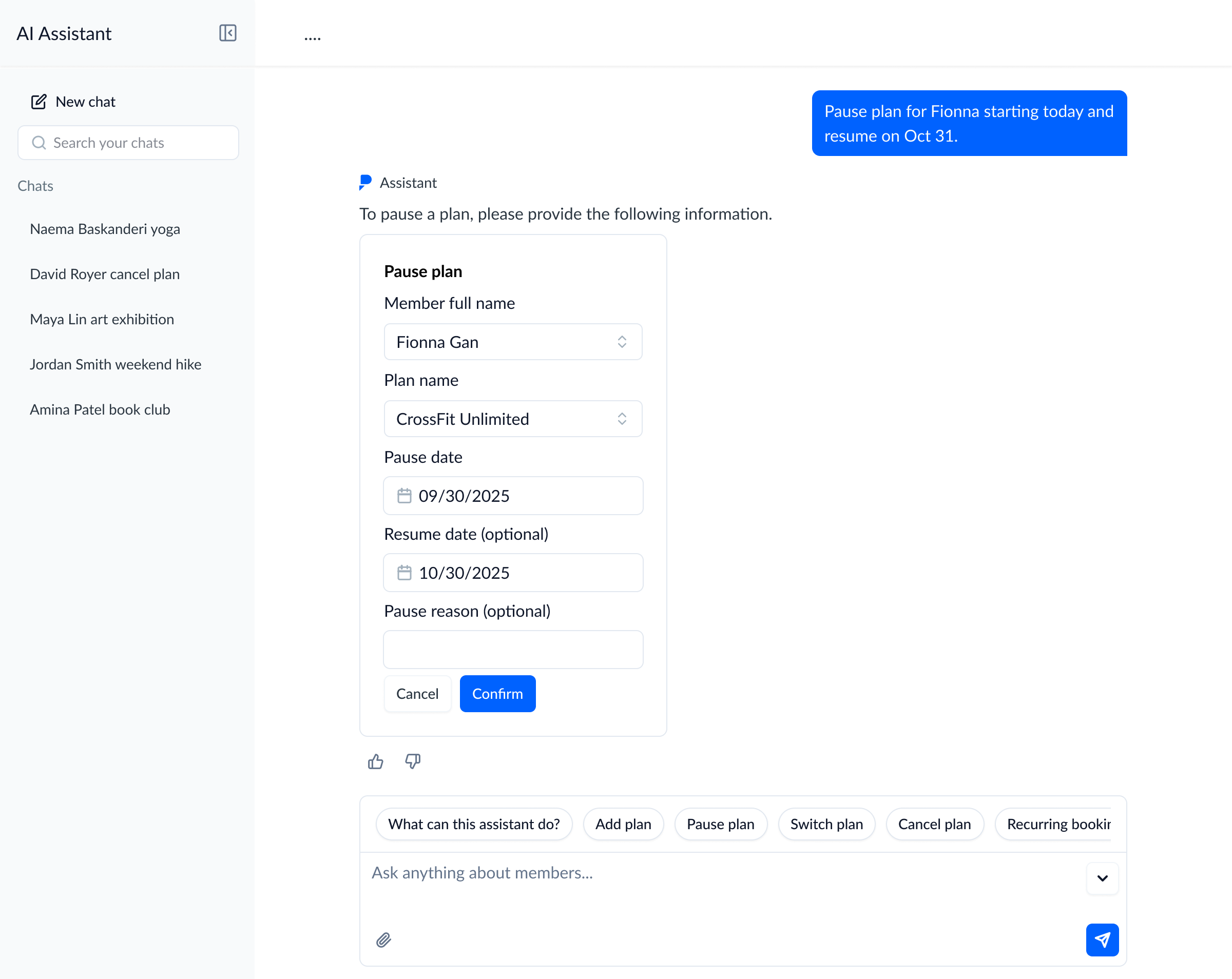 AI Assistant conversation showing a pause plan request with an embedded form to confirm member, dates, and plan