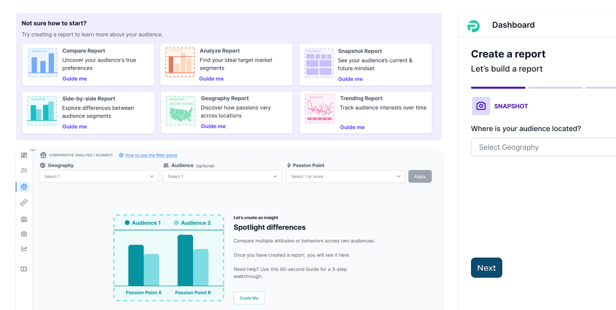 SponsorPulse — Dashboard with guided report creation and 'Not sure how to start?' onboarding panel