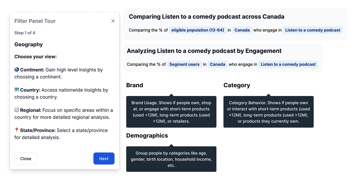 SponsorPulse — Filter Panel Tour guiding users through geography and engagement options